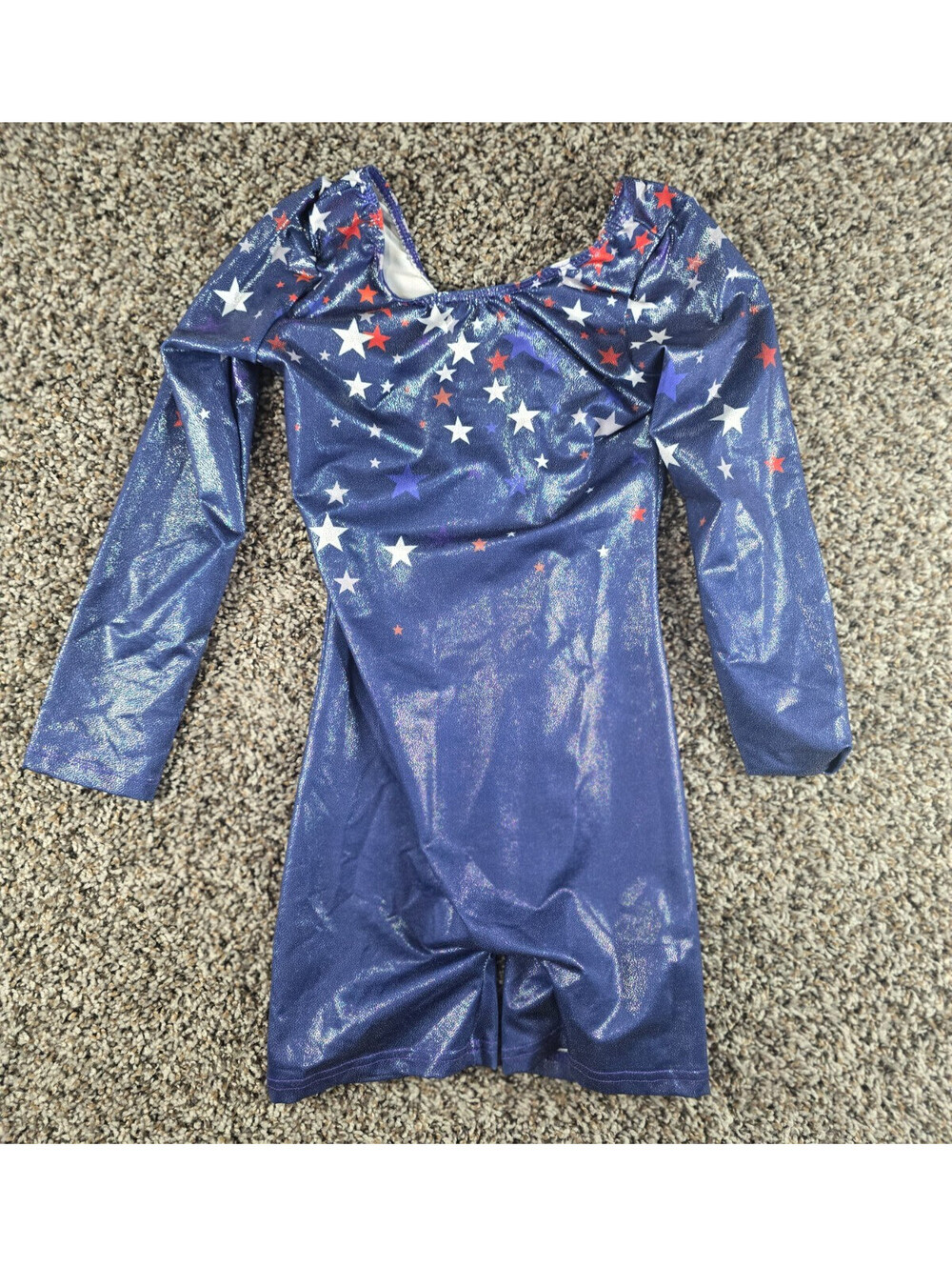 Girls Sz 9-10 Long Sleeve Gymnastics Leotard Shiny Red White Blue Star Print